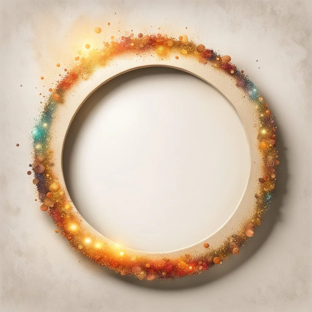 Hyper Realistic Right-side-view of Beige small-multicolor-Circular-Frame With Glowing Golden Embers On Off-White Grunge Background.