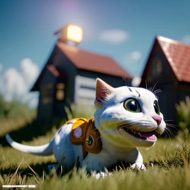 Cartoon pet with a smiley looking at a small house|mdjrny-v4 style| wide angle| intricate detailed| hyperrealistic| cinematic lighting| cinematic colors|hdr | unreal engine