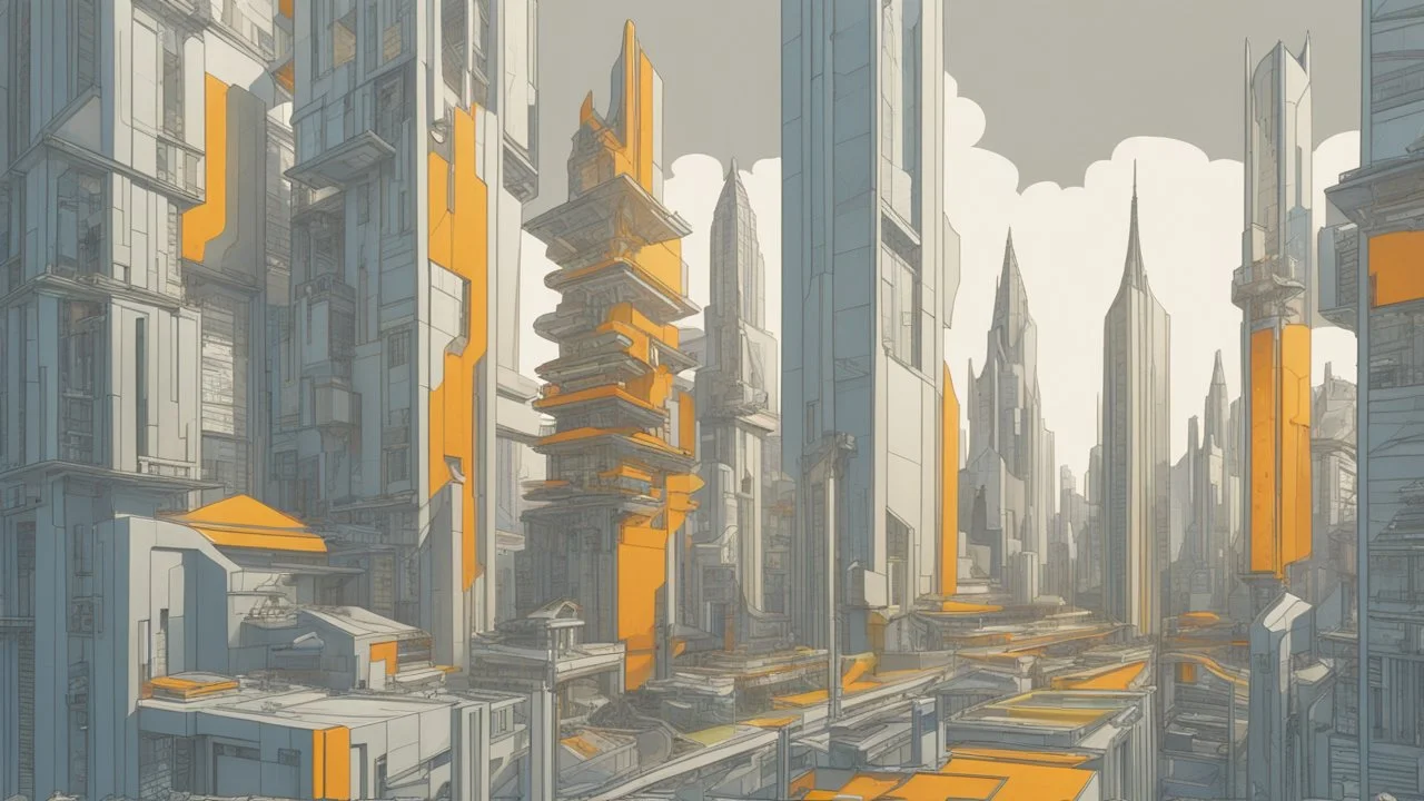 A futuristic cityscape with tall, angular skyscrapers and unique architectural structures in varying shades of grey, yellow, blue, green and orange, the buildings have intricate designs and patterns, creating an architecturally avant garde visual appearance.