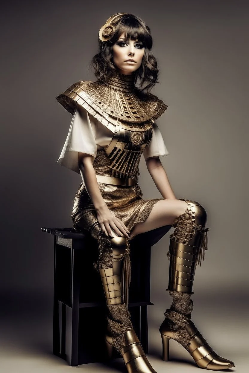 full body picture of a woman with a bob, a fringe hairstyle, Cleopatra clothing futuristic steampunk