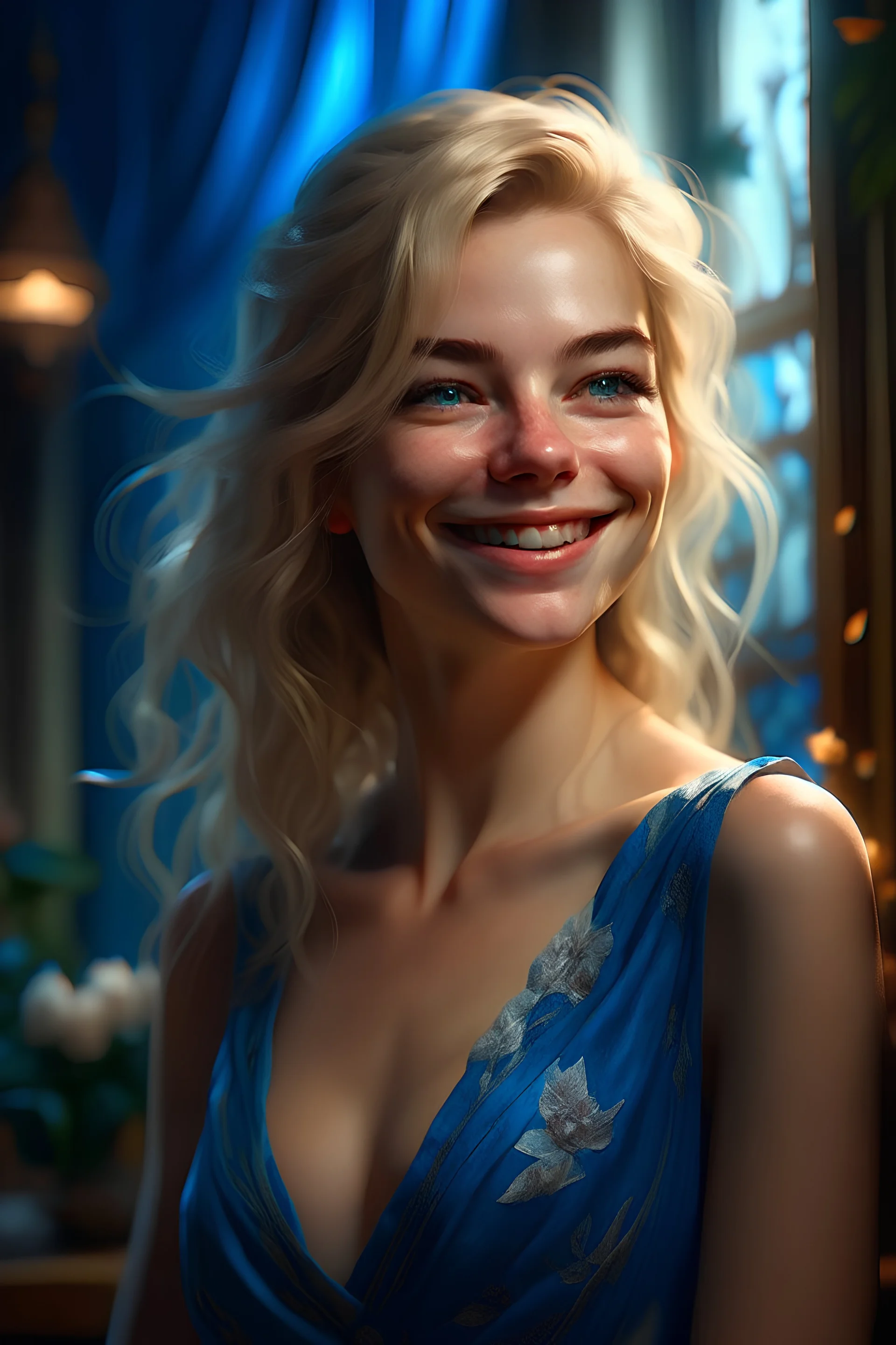 Stunningly gorgeous smiling woman wearing a loose fitting revealing floral sleeveless dress, wavy blonde Highlighted hair, blue eyes, flawless face, beautiful d&d character portrait, dark fantasy, detailed, realistic face, digital portrait, intricate details, fiverr dnd character, wlop, stanley artgerm lau, ilya kuvshinov, artstation, hd, octane render, in the style of artgerm and rutkowski, glowing fairy flowers, , beautiful landscape, realistic and natural, detailed full-color, nature, hd phot