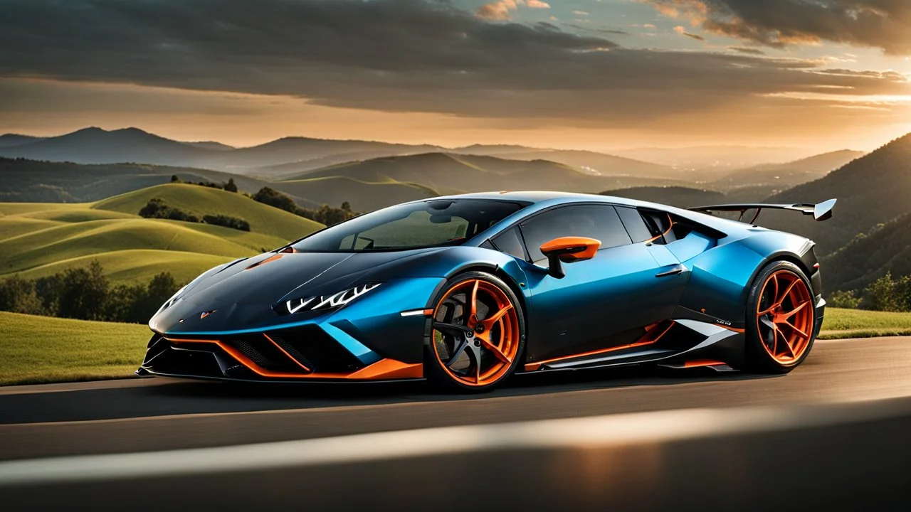 A (((Lamborghini Huracan STO hypercar Body))) with its sleek,, featuring a bold, menacing grille and powerful lines, evoking a harmonious balance between sophistication and muscle, against a backdrop of verdant hills at noon, ideal for a dynamic desktop wallpaper