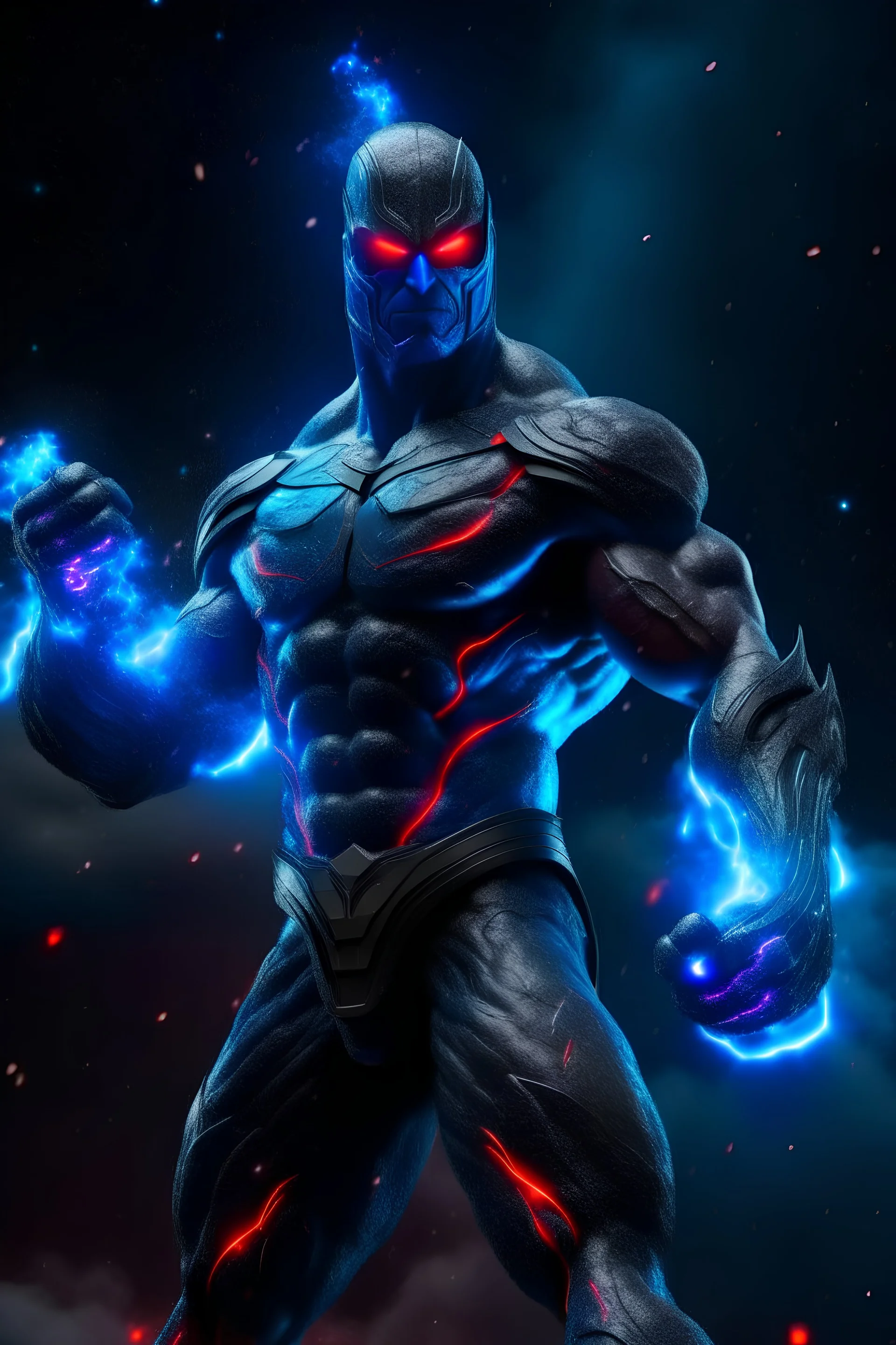 fire, lightning, wind, rain, volcanic lava, fireworks, explosions, multicolored neon lights, outer space background -- an extremely muscular man wearing a black, bandit eye mask, a light blue, skintight, formfitting cowl, a light blue, skintight, formfitting kevlar bodysuit, black gloves, silver wrist gauntlets, silver belt, silver knee-high boots, silver lightning emblem on the chest, with cobalt blue eyes, a mustache and goatee,