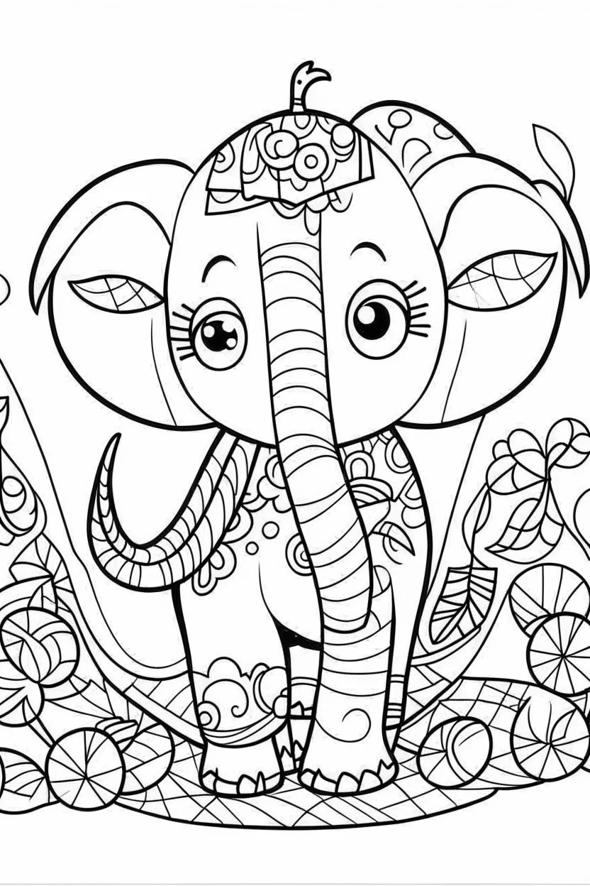 HAPPY NEW YEAR CELEBRATION coloring page for kids,Elephant in colorful New Year, thick outline, low details, no shading, no color