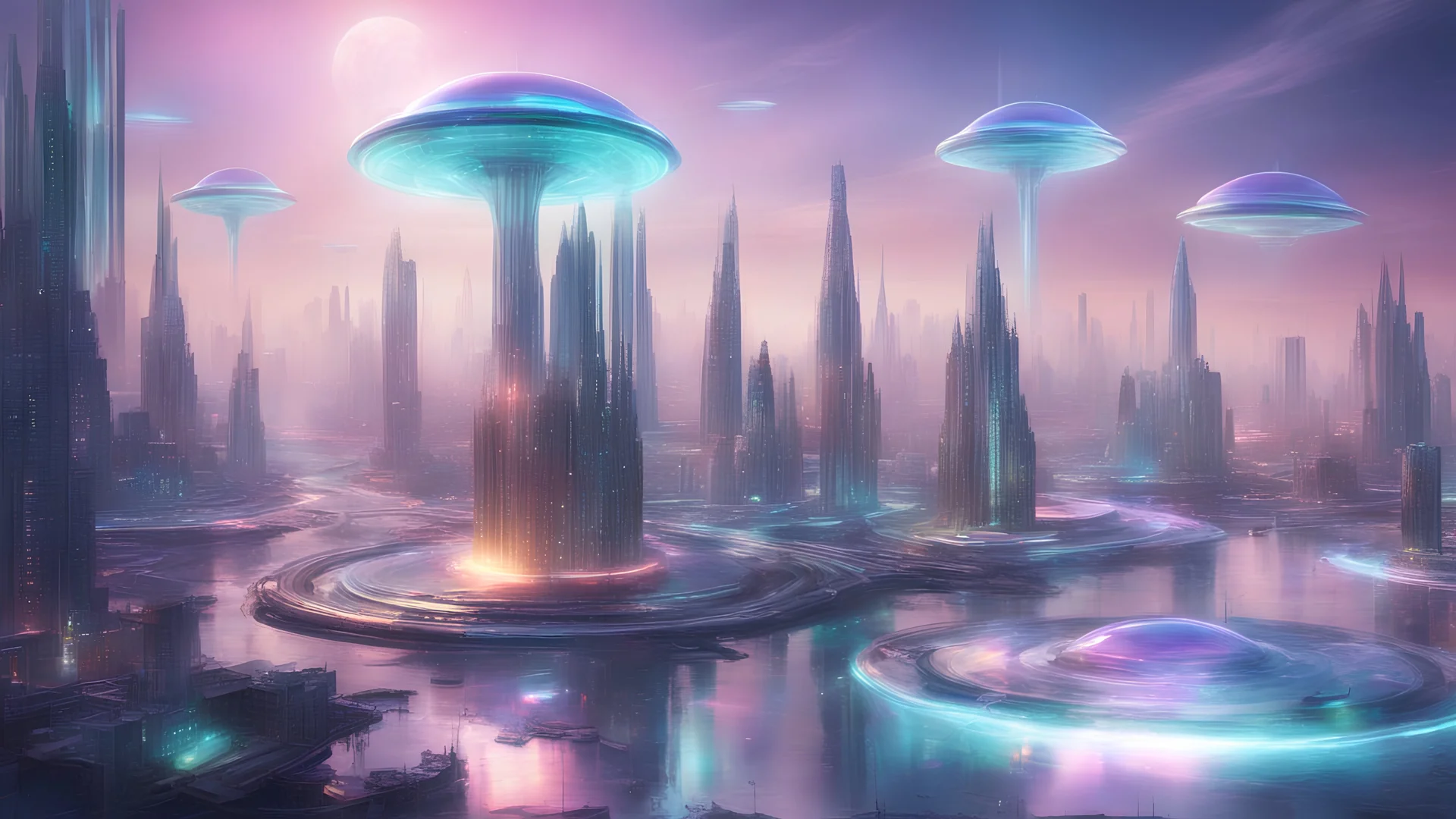 transparent iridescent ufos, ethereal, colorful futuristic city