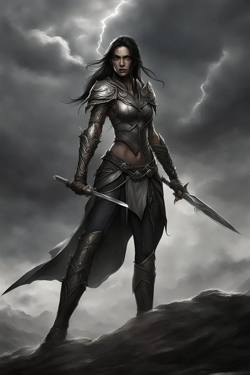 SA female elf with skin the color of storm clouds, deep grey, stands ready for battle. Her long black hair flows behind her like a shadow, while her eyes gleam with a fierce silver light. Despite the grim set of her mouth, there's a undeniable beauty in her fierce countenance. She's been in a fight, evidenced by the ragged state of her leather armor and the red cape that's seen better days, edges frayed and torn. In her hands, she grips two daggers, add dark shadow mystic purple flames