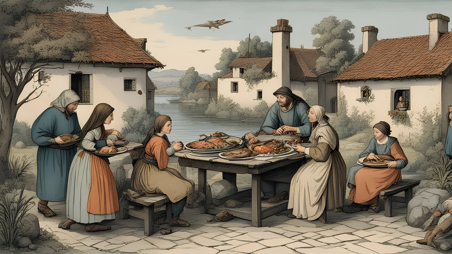 The fisherman is having a fish dinner at his home with his wife and three daughters in the Middle Ages