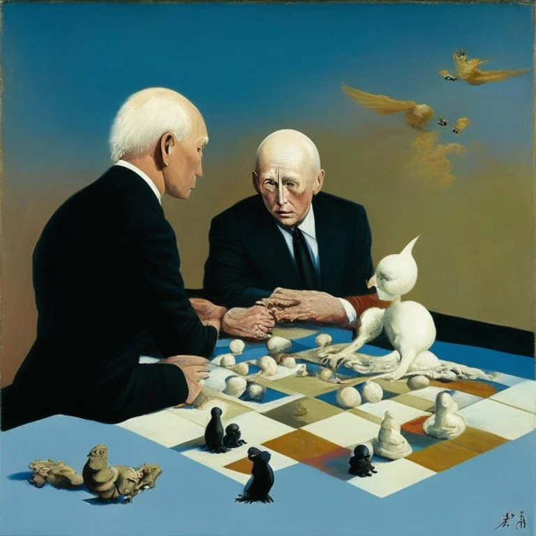 Putin, President Xi Of China And Joe Biden Play Chess With A Pigeon,Ufo And Atomic Bomb Mushroom Cloud,Complex Surgical Instruments Intermixed With A Newborn Boy,Minimalism,Painting By Adrian Ghenie,Rene Magritte,Pablo Picasso,Michelangelo,Salvador Dali,Lucian Freud