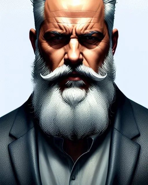 "MIddle aged white human male, with a trimmed but uneven beard, piercing eyes with slick back hair, full-scale head and shoulders portrait, 8k resolution concept art portrait by Greg Rutkowski, Artgerm, WLOP, Alphonse Mucha dynamic lighting hyperdetailed intricately detailed Splash art trending on Artstation triadic colors Unreal Engine 5 volumetric lighting Splash art fantasy"