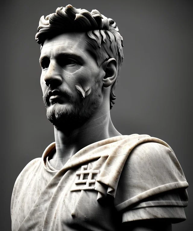 Gran angular, Realistic image, roman sculpture, marble material, Lionel Messi, Laurel wreath model, miguel angel style, emperador, God light, god rays, 4k resolution, ornate details, soft lighting, unreal engine 5, soft cyan background.