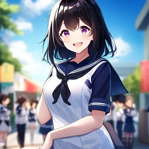 Clear focus,High resolution, Anime girl wearing a sailor uniform at school, laughing, blurry background, classmates in the background, Really Short black hair, Purple eyes