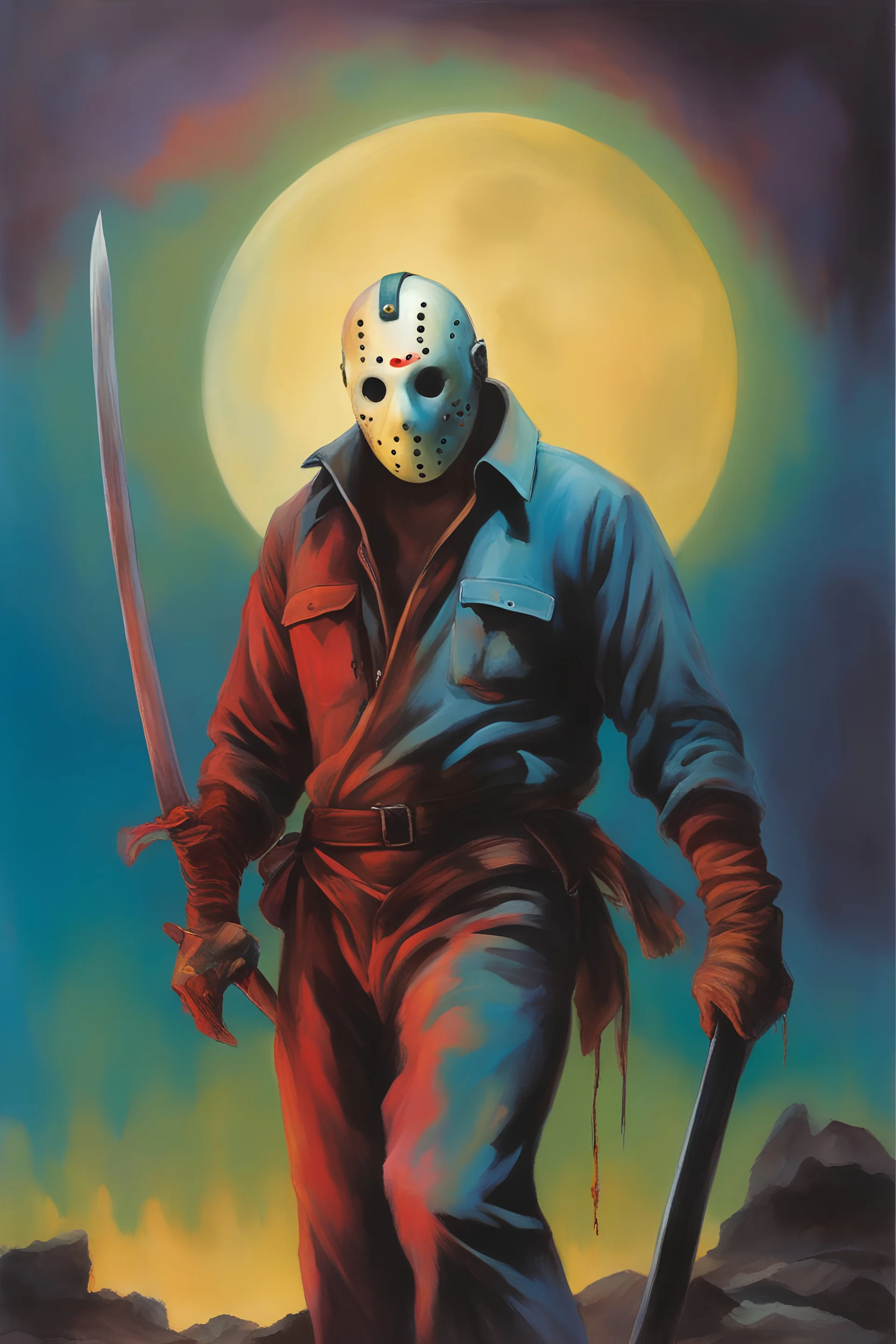 in the dead of night the bright moon shines down on a giant, extremely colorful Jason Voorhees standing outside the home of his next victim, a vibrant, extremely colorful, multicolored, watercolor stained wall in the background, in the art style of Boris Vallejo, Frank Frazetta, Julie bell, Caravaggio, Rembrandt, Michelangelo, Picasso, Gilbert Stuart, Neal Adams, Jim Lee, Sanjulian, Thomas Kinkade, Jim Lee, Alex Ross, Dorian Vallejo, Stan Lee, Norman Rockwell - Absolute Reality v16,