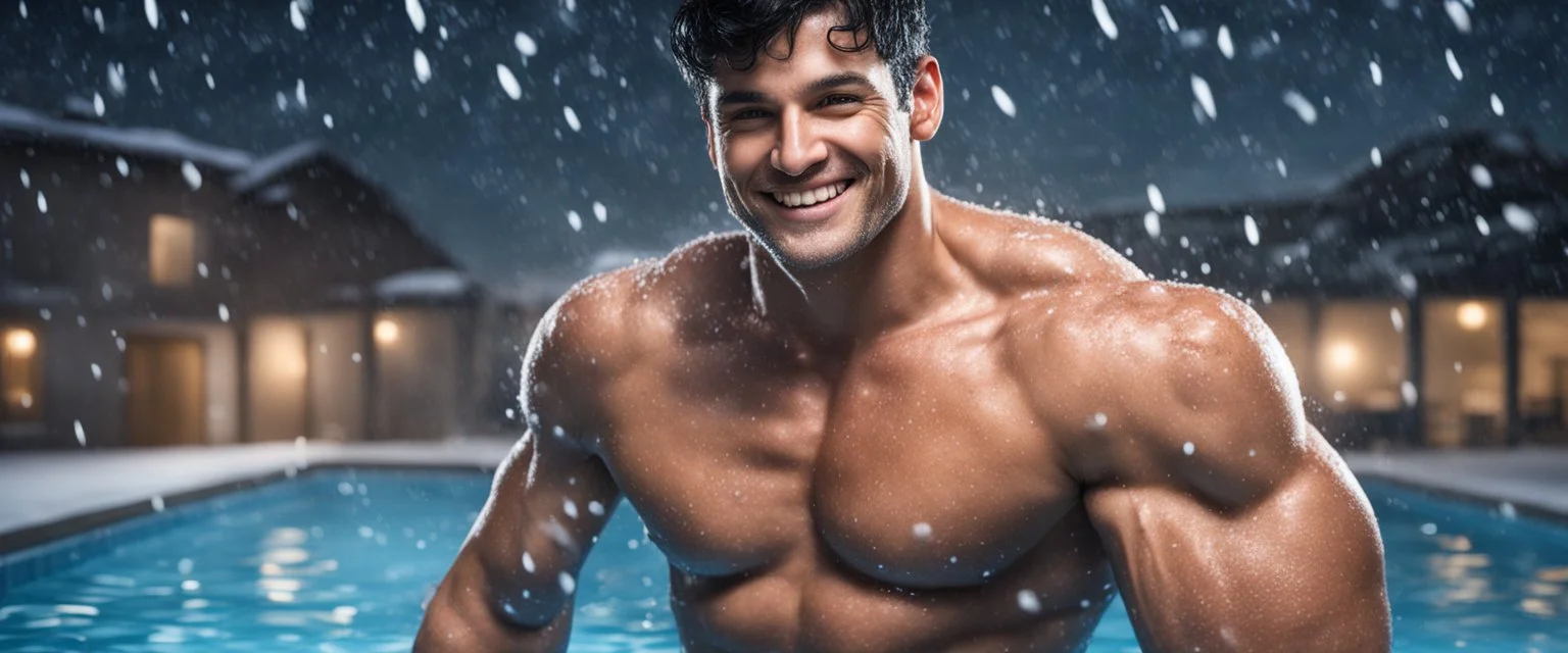 hyper realistic shirtless muscular extremely handsome short black hair man smiling in a swimming pool at snowfall night