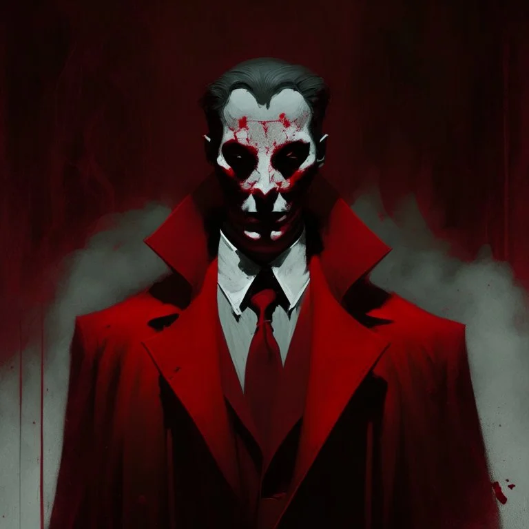 a sinister figure wearing a red suit and a priest's collar with no face and dirty slicked back hair