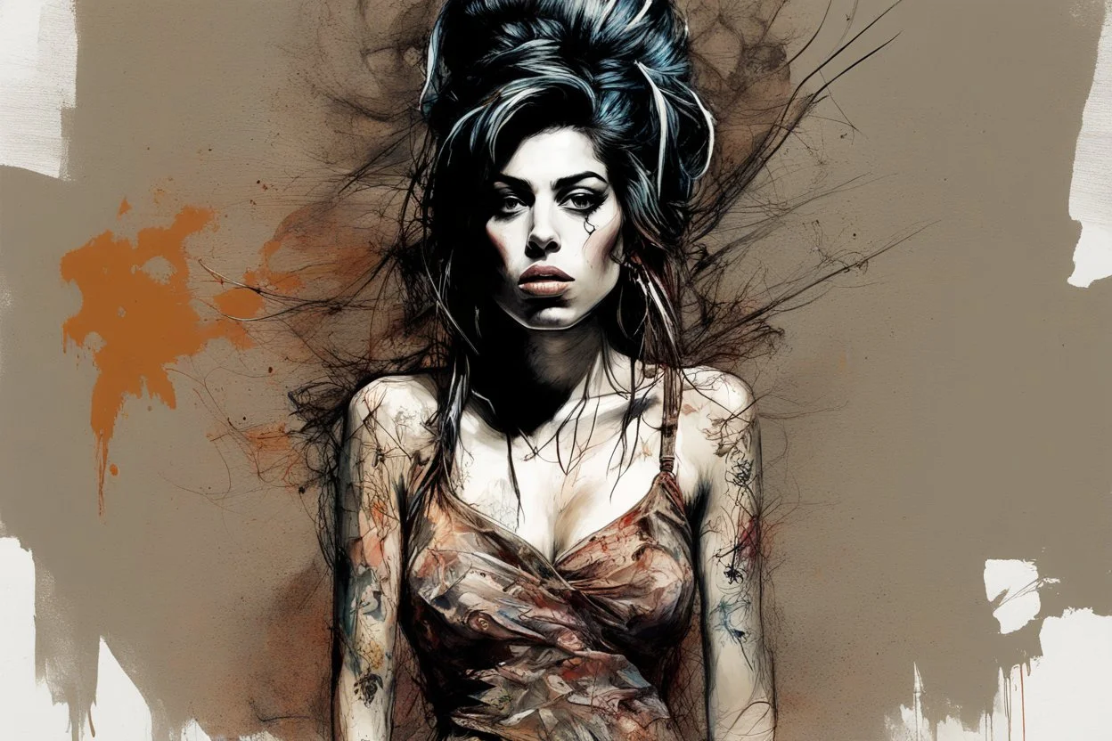 amy winehouse Stunning art masterpiece Basic style of horror, Overhead, hyper detailed, multi-layered illustration, in a highly detailed elegant unbuttoned dress, dynamic seductive pose, accentuating perfect anatomy, impressive concept by Carne Griffiths and Wadim Kashin, dynamic, highly detailed, symmetry, airbrush graffiti technique, high definition illustrations, soft and sharp focus, accent lighting, bold paint colors, symmetry, painted, intricate, volumetric lighting, beautiful masterpiece