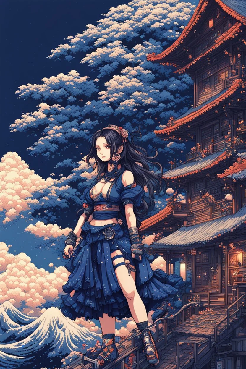 8bits, Pixel Art, beautiful cyberpunk huge girl, and petit girl, hyperdetailed, illustration by Katsushika Hokusai, darkblue tones,