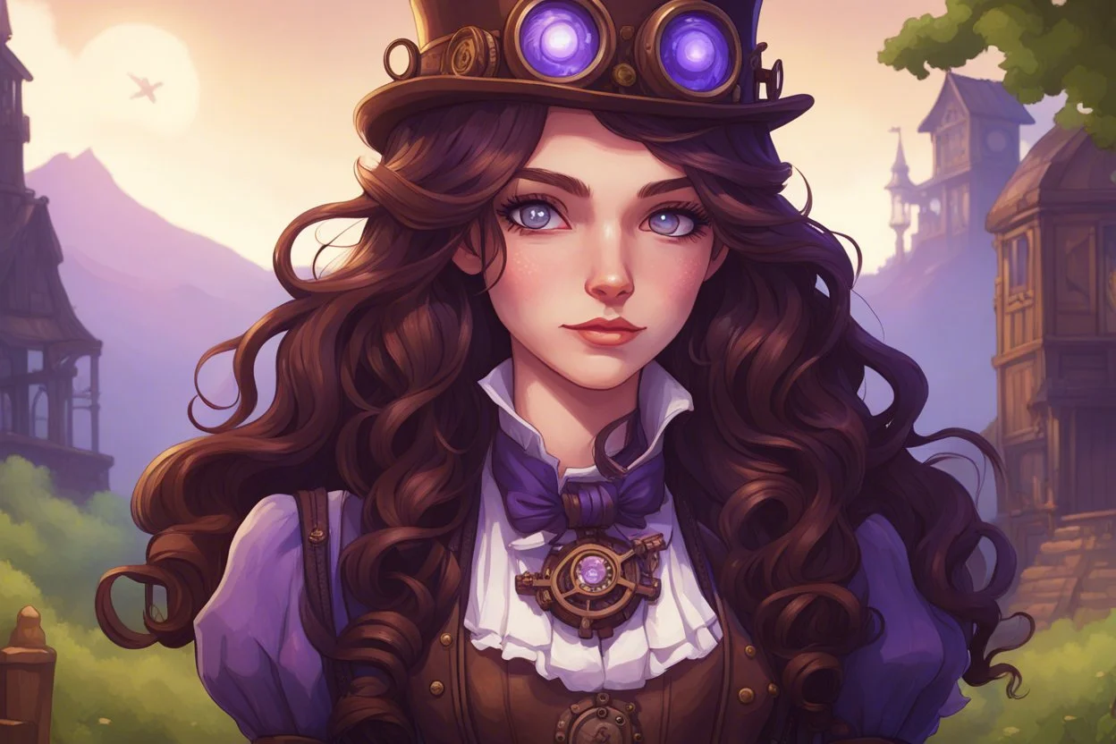 Девушка с длинными, волнистыми темно-каштановыми волосами, фиолетовыми глазами, одетая в одежду в стиле стимпанк, stardew, стиль долина