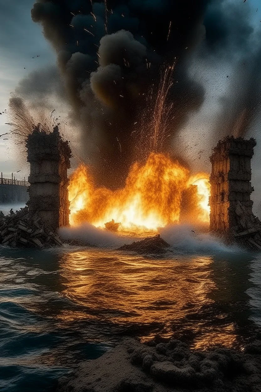 fire explosion in side the ocean on an abandoned ruins under the water