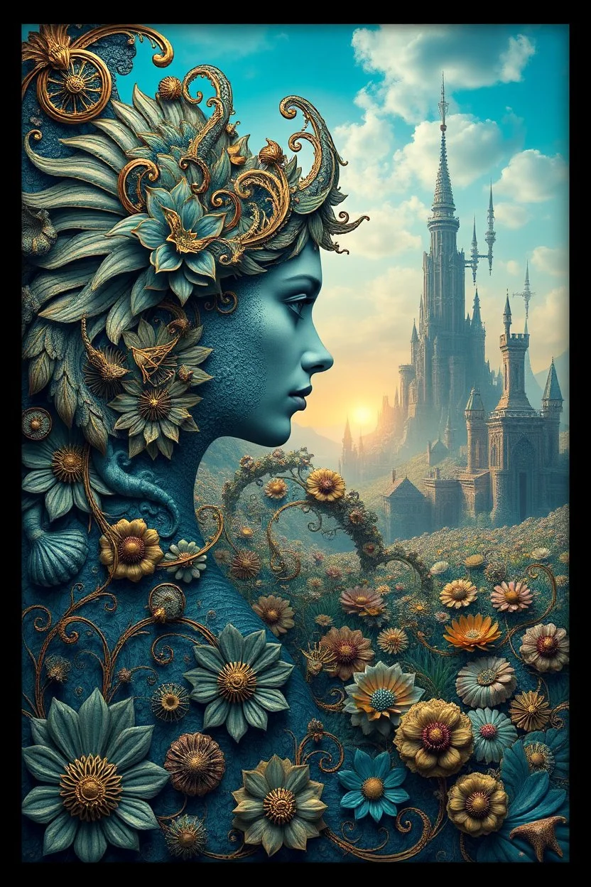 Prompt : An Images of the art of possession in conceptual art surreal, intricate composition featuring a profile of a a garden blends seamlessly into a swirling, ornate pattern reminiscent of seashells and fractals. Rich shades of blue and gold dominate the image, creating a sense of depth. In the background, fantastical, towering structures rise against a softly lit sky, adding to the dreamlike quality of the scene.