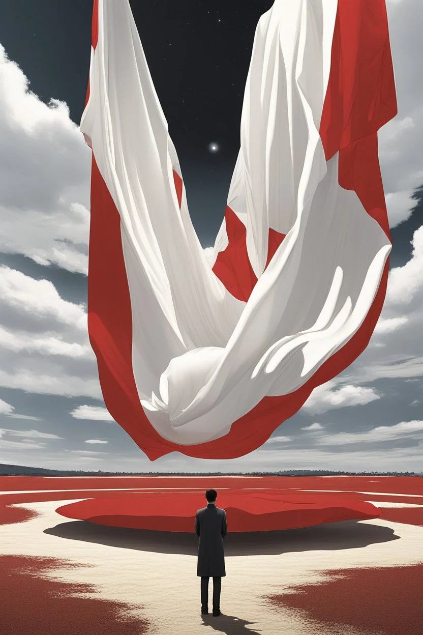 Giant massive huge in stature, majestic entity, hovering and floating over a large field landscape. the entity wears a white and red draped fabric that has printed on the material resembling stars. the fabric has also technological elements. you can see how big it is compared to a tiny human standing in front of it