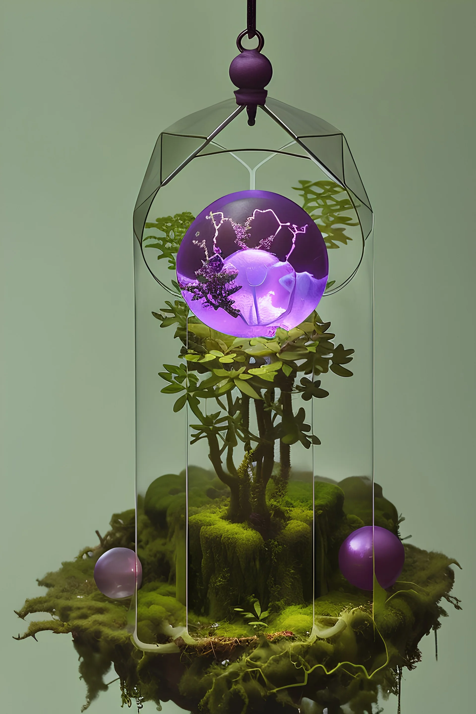 floating suspended translucent glowing orb above pedestal, misty, inside overgrown moss vines labrotory, sacred geometry object inside translucent floating orb, aura foggy mist, tesseract, purple, green, gold