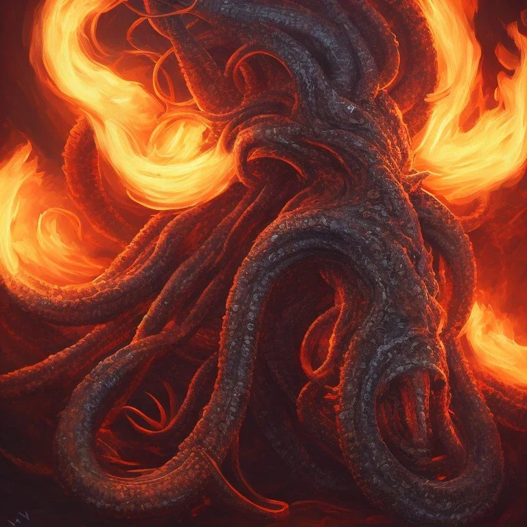 Digital art of a kraken with a skull head, fire, war, HD, ultra realistic, detailed, centered, symetrical