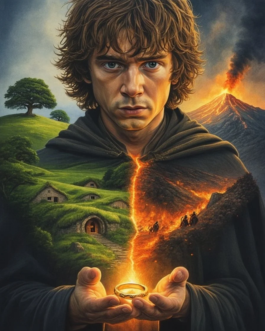 A dramatic, cinematic illustration of Frodo Baggins from "The Lord of the Rings," holding the glowing One Ring in front of him with a solemn expression. He wears a dark cloak, standing against a shadowy backdrop. Emerging from his chest is a surreal, split landscape: on one side, the peaceful Shire with lush green hills, hobbit holes, and a large tree; on the other, a fiery wasteland with Mount Doom erupting, lava flowing, and a dark army marching toward the volcano. Using rich textures and moo