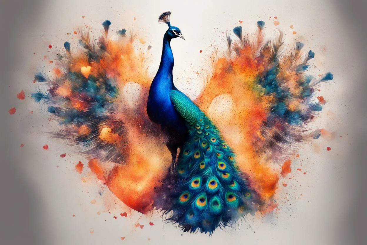 double exposure, merged layers, colorful peacock with dynamically blazing fire, ink splatter art, watercolor and ink, golden glitters, double exposure heart and love