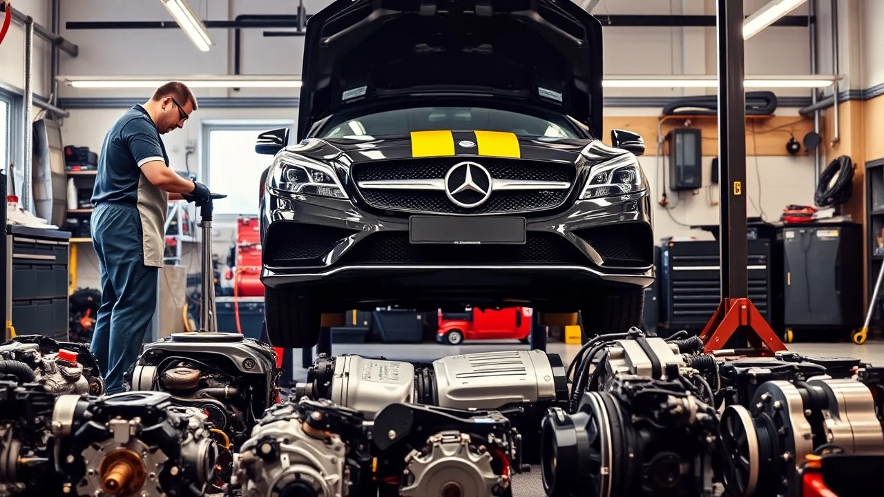 A car repair shop where two people in work clothes are repairing a black and yellow striped Benz CLS 550. At the bottom of the image, a collection of car engine parts are arranged on the floor, with lighting and a classic atmosphere.
