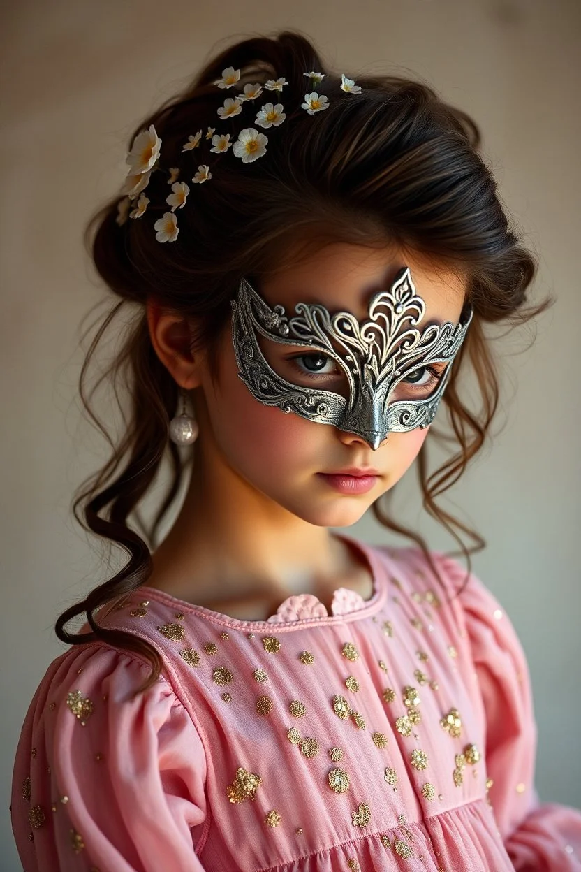 Её простое платье из грубой ткани превратилось в роскошный наряд цвета утренней зари — нежно-розовый, с золотистыми искрами, словно сотканный из облаков и солнечного света. Волосы, вечно растрёпанные, теперь уложены в изящную причёску, украшенную мелкими цветами, которые светятся в полумраке. А на лице — та самая маска, серебристая, с узором из цветов, делающая её загадочной и прекрасной, как настоящая принцесса из сказки.