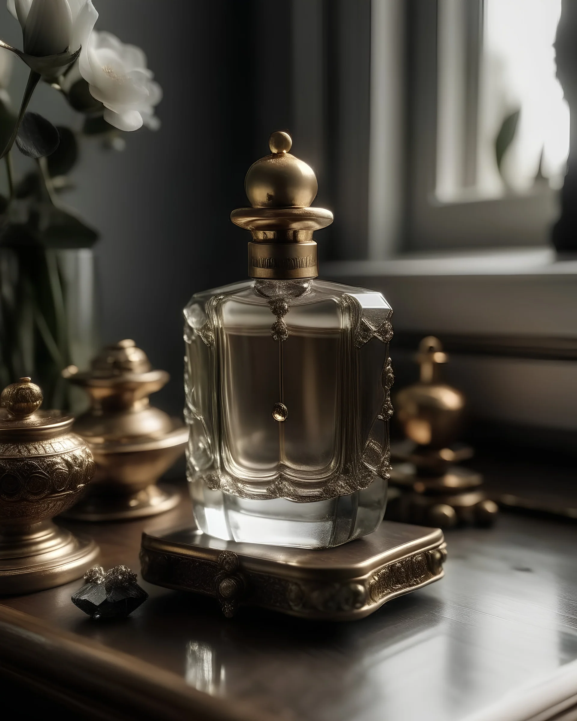 generate me an aesthetic complete image of Perfume Bottle in Vintage Vanity