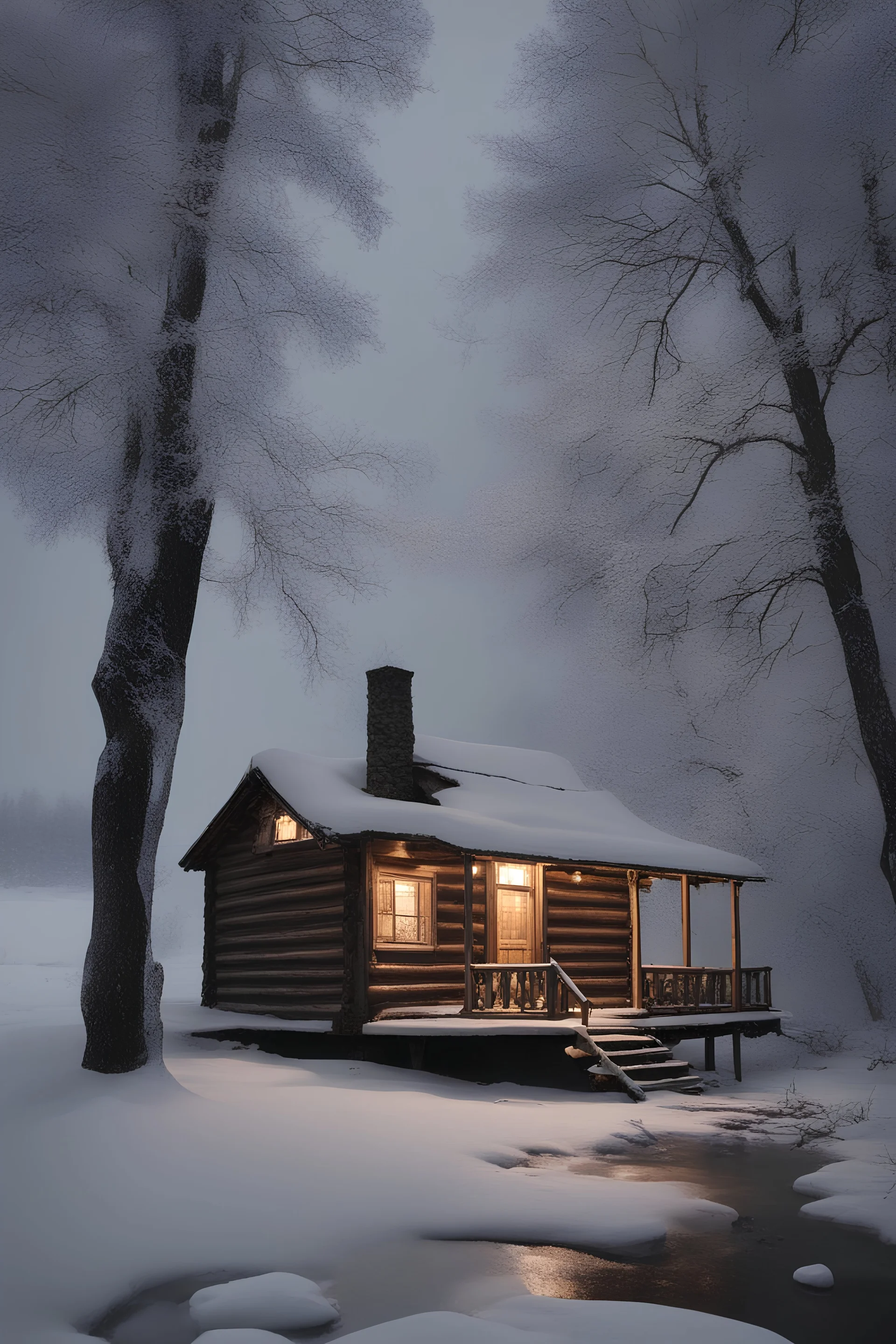 Beautiful old cabin in a snow storm at night by a lake