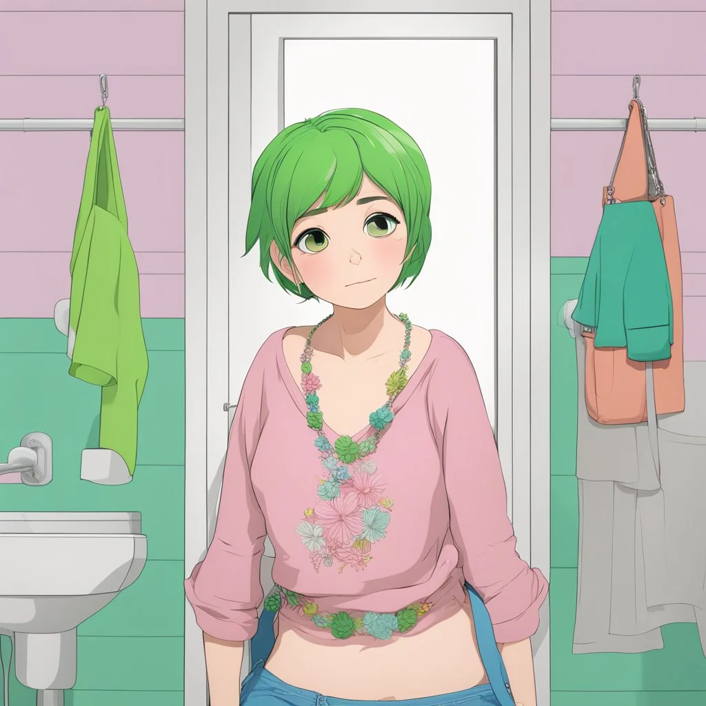 3D,12 years old plus size girl, in the bathroom,necklace,looks exhausted, green short hair, colorful clothes, low cut,childish