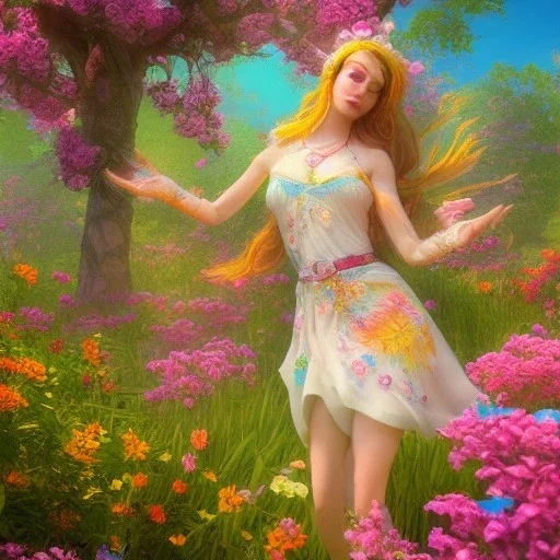  Beautiful and bright goddess of spring,delicate flowers, knees up portrait, fantastical, intricate detail, splash screen, complementary colors, fantasy concept art, 8k resolution, Unreal Engine 5"