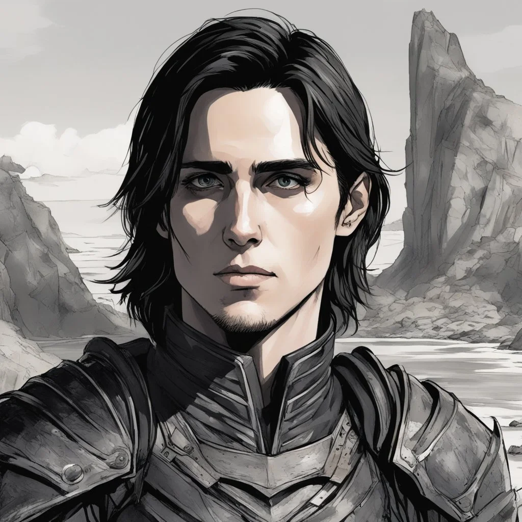 A portrait of Jared Leto in his early 30s, long beachy haircut, black hair, on a rocky island, in ebony armor from Skyrim, melancholic and dangerous facial expression, half-smiling, drawn in the style of ink manga sketch