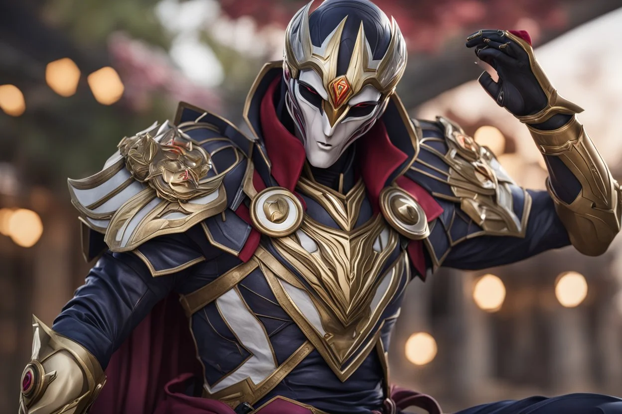 Jhin in 8k live action anime artstyle, mask, wapen, full body, intricate details, highly detailed, high details, detailed portrait, masterpiece,ultra detailed, ultra quality