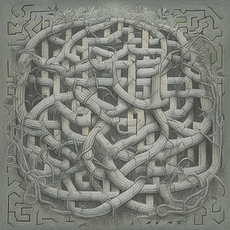 sketch A labyrinth with intertwined vines and a , add elements like weed,