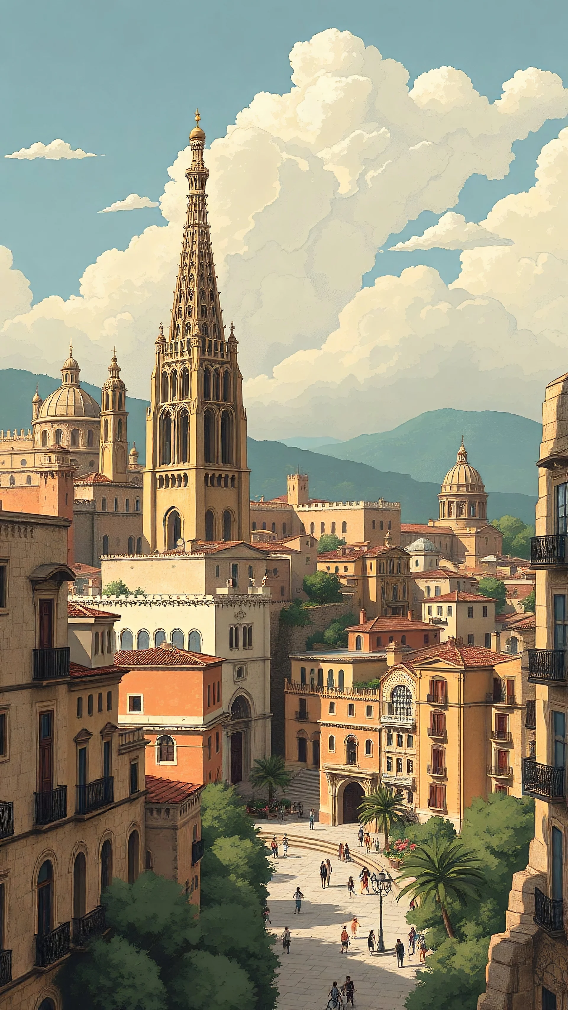 ancient barcelona city in old times illustration style