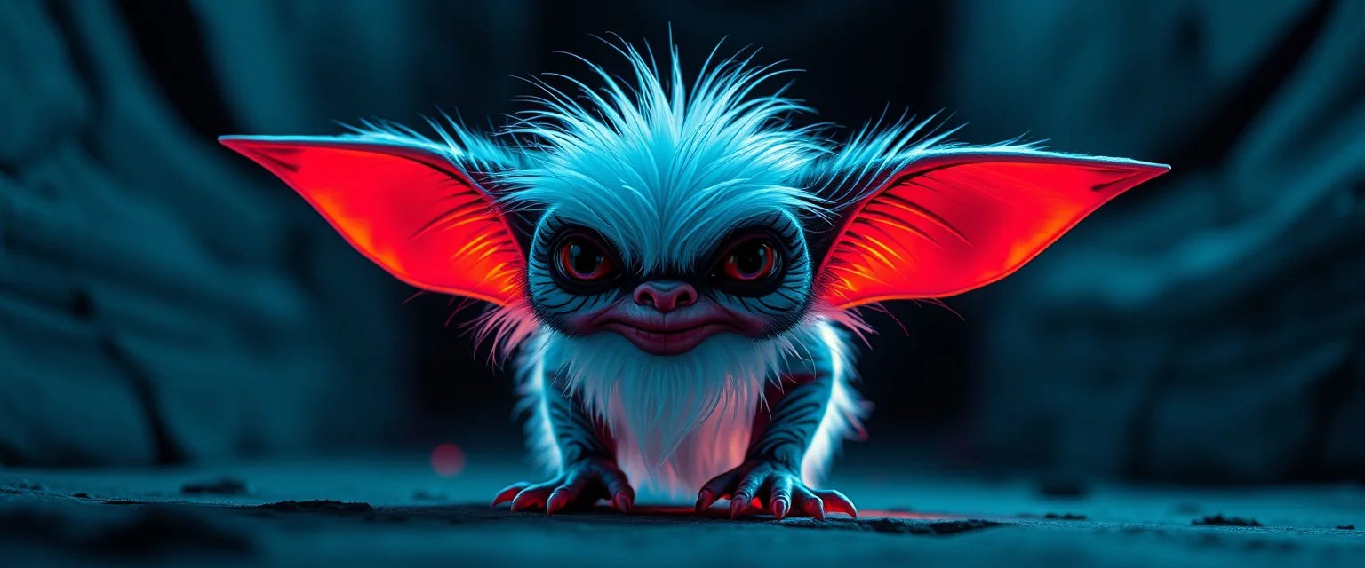 pen outline with some neon airbrush, glowing quickling gremlin in the shadows with long fluffy white fur, pin hole camera, 3d blurred background motion