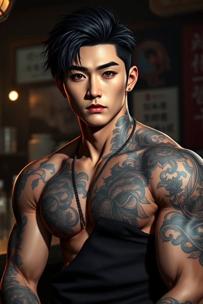 professional photo from attraktive young korean male character with elaborate detailed warrior tattooed . The character’s muscular build, some ring jewelry, dark hair, dark asian eyes, young korean man attractive masculine face with realistic skin, no anime face, shadows, pale light, cyber urban bar, blur background