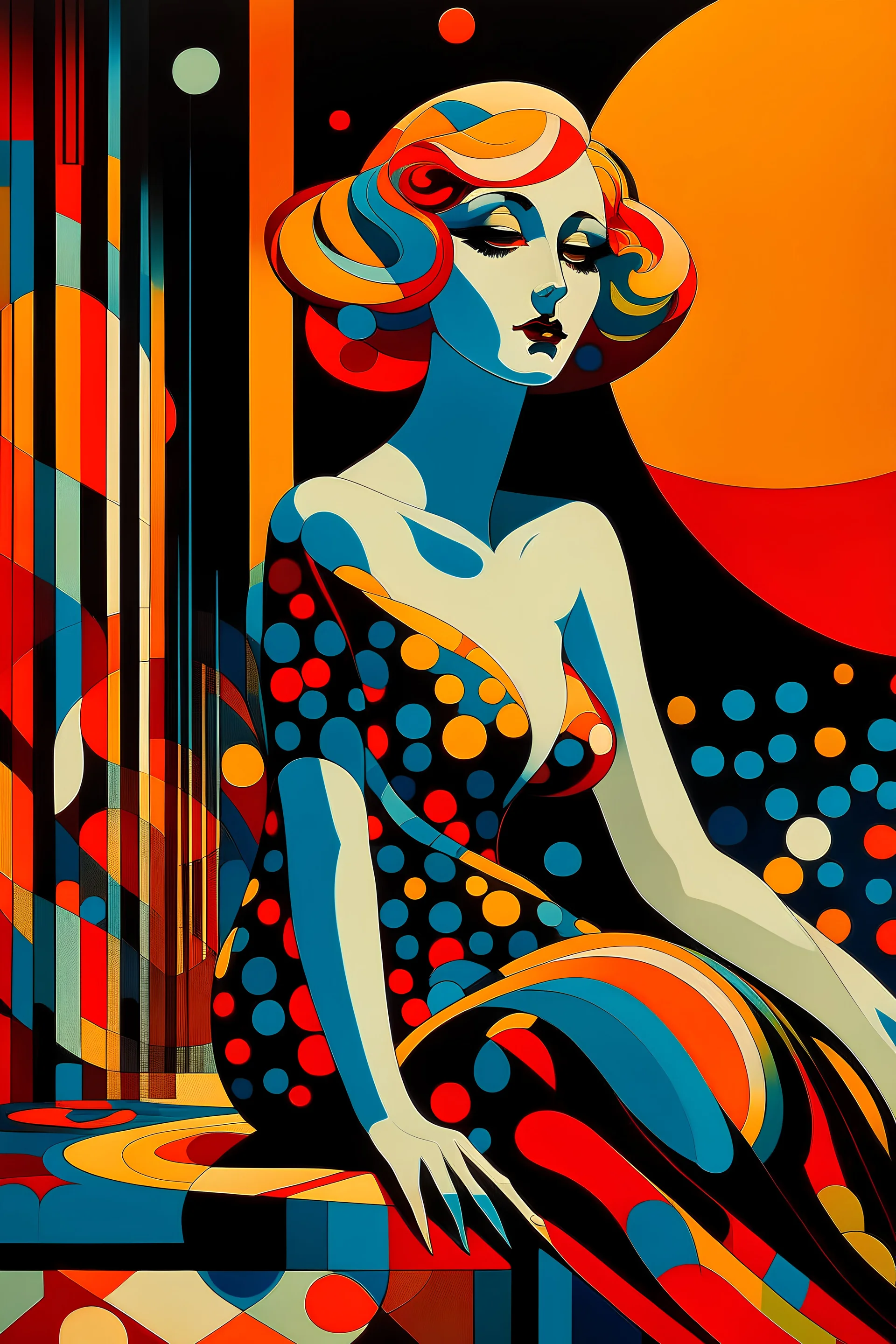 A sultry female model by Kandinsky and Eyvind Earle. She holds a cigarette