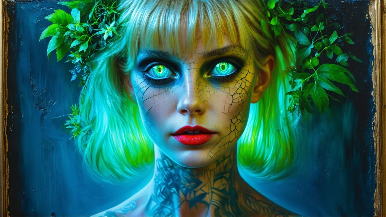 old retro photography, faded vignette, worn and cracked, double exposure, surrealism, blonde humanoid from another world, red lips, half body, greenish blue pale transparent glowing skin, plants growing out of head, tattoo, alien transparent eyes, hyperdetail, double exposure, Anna Razumovskaya, Anna Dittmann, Luis Royo, neo-impressionism, expressionism, oil painting. Vivid, detailed and textured brushstrokes reminiscent of Royo and Peter Coulson. Deep colors and dramatic lighting with cinematic