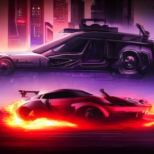 cyberpunk,landscape ,cars , GUITARS, cinamatic, highly detailed, close up, 4k , deep colours, gold , fire , red, purple,dark ,etheral , utopia , apocalypse, flying Cadillac, from outer space