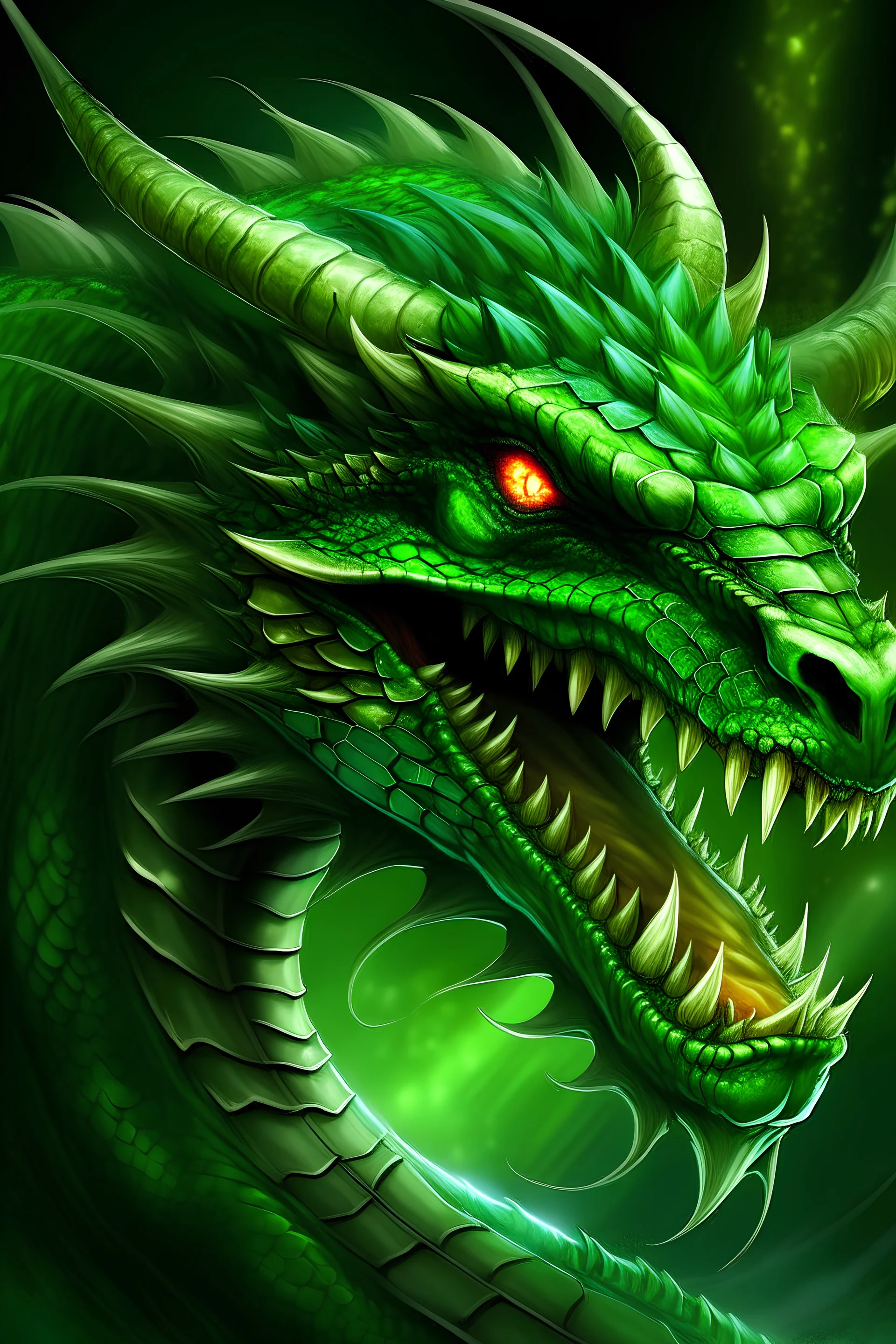Сгенерируй большого, страшного, орущего зелёного дракона