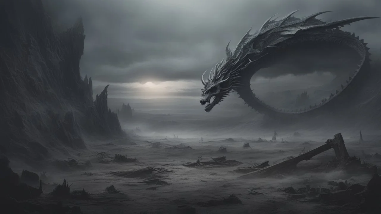 an apocalyptic flat landscape covered in dark gray dust. ancient battle field. skeleton. dragon bones everywhere. dark grey mist. dead ocean in the distance. seen from the ground. fantasy, horror. no trees