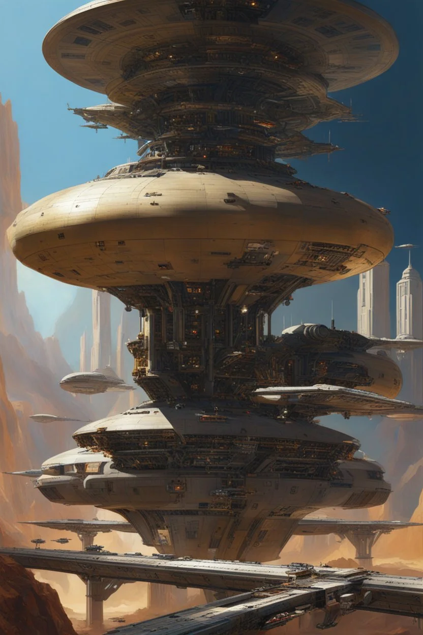 persian style,A spaceship docked at an alien space station, in the style of John Berkey and Gerald Brommell, scifi art. --v 6. 0 --ar 51:64