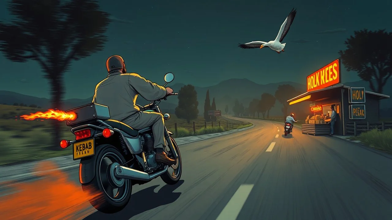 The kebab man driving fast on his holy motorcycle, fire from the exhaust, holy widescreen picture, holy empty road on the holy country at night, comic style, no helmet and he have a long holy black beard, neon kebab signs along the road, jesus stand at his market stand selling holy kebabs, simon stålenhag style, flying goose