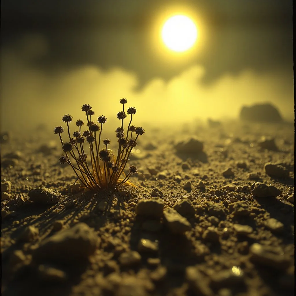 A striking quality Kodak close-up photograph captures a wasteland with groups of plants, creepy, liquids, details of the dust very accentuated, glossy, organic, adorned with minerals and rocks. Bathed in intense light, eerie, Max Ernst style, black sun, fog