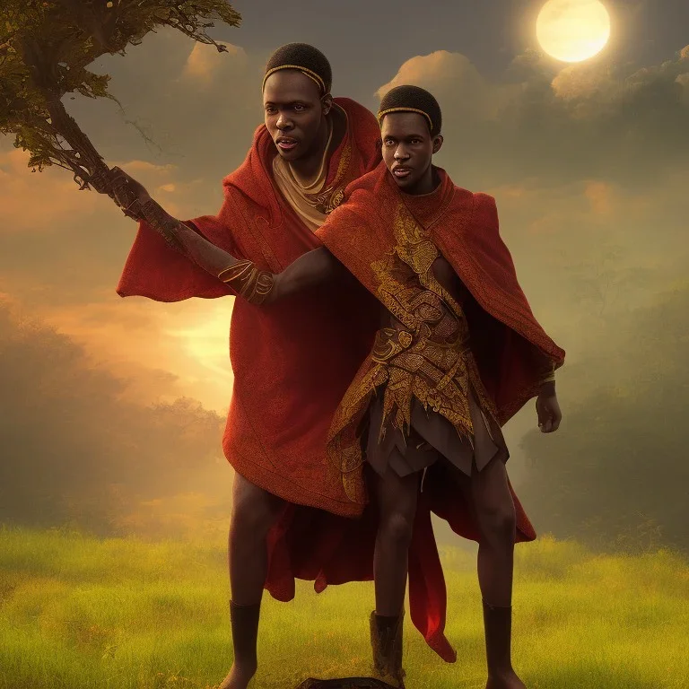 dungeons and dragons, monk, black, african, portrait, face, close up, cloak, clothes, cape, brown fabric, sunset, red sun, single person