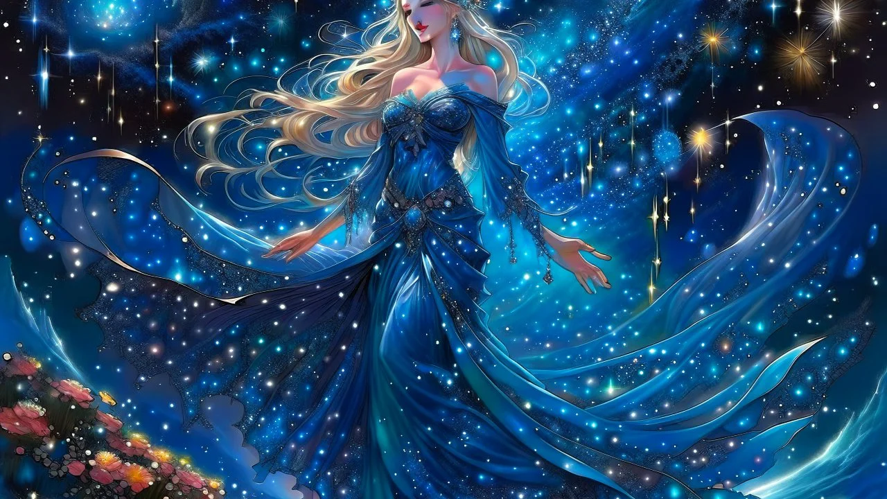 Create an image of a full body cosmic Goddess. The goddess should be depicted as a beautiful and powerful figure, surrounded by cosmic stars. Her hair should be long, blond and flowing, and she should be dressed in a flowing gown blue celestial robe. In the background, include imagery of pink flowers, blue sky,trees. The image should evoke a sense of joy, celebration, and spiritual connection to nature.